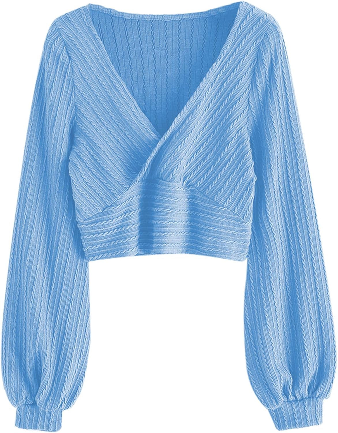 ZAFUL Women'S Pullover Ribbed Cropped Knitwear Drawstring Ruched Knitted Crop Top Solid V-Neck Long Sleeve T-Shirt