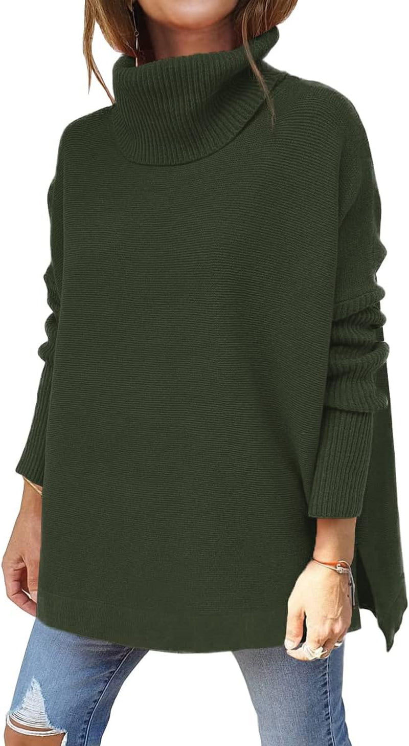 LILLUSORY Women'S Turtleneck Oversized Sweaters Long Batwing Sleeve Spilt Hem Tunic Pullover Knit Tops