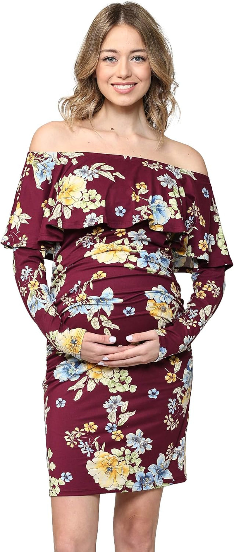 Hello MIZ Women'S Floral Ruffle off Shoulder Maternity Dress - Made in USA