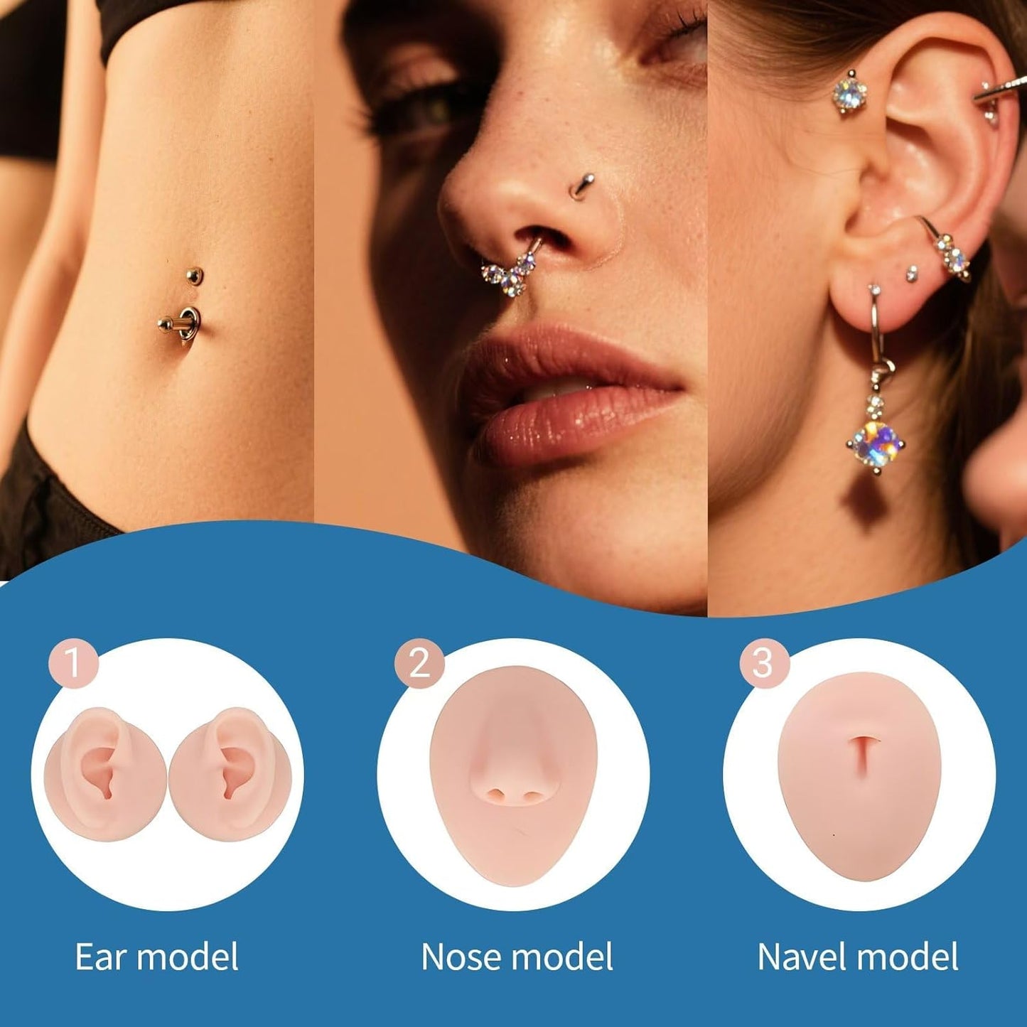 Piercing Kit Silicone Model Body Part Displays, 39 Body Piercing Kit,25Mixed 12G 14G 16G 18G 20G Ear Nose Piercing Needles 2 Piercing Clamps 6 Clean Tools 2 Gloves Soft Fake Nose Navel Ear 5D Model