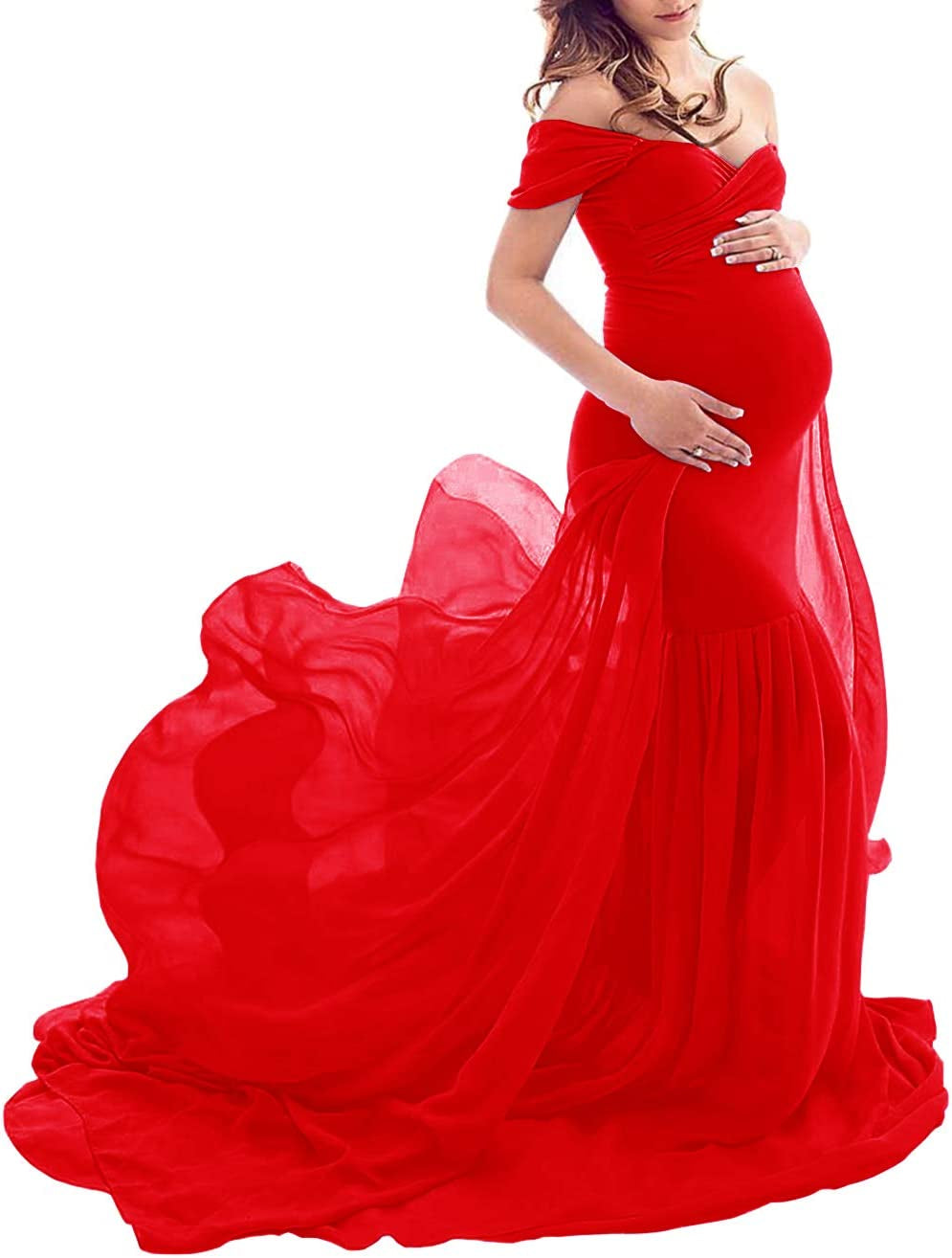 ZIUMUDY Maternity Chiffon Mermaid Gown off Shoulder Dropped Sleeve Fitted Photo Shoot Photography Dress