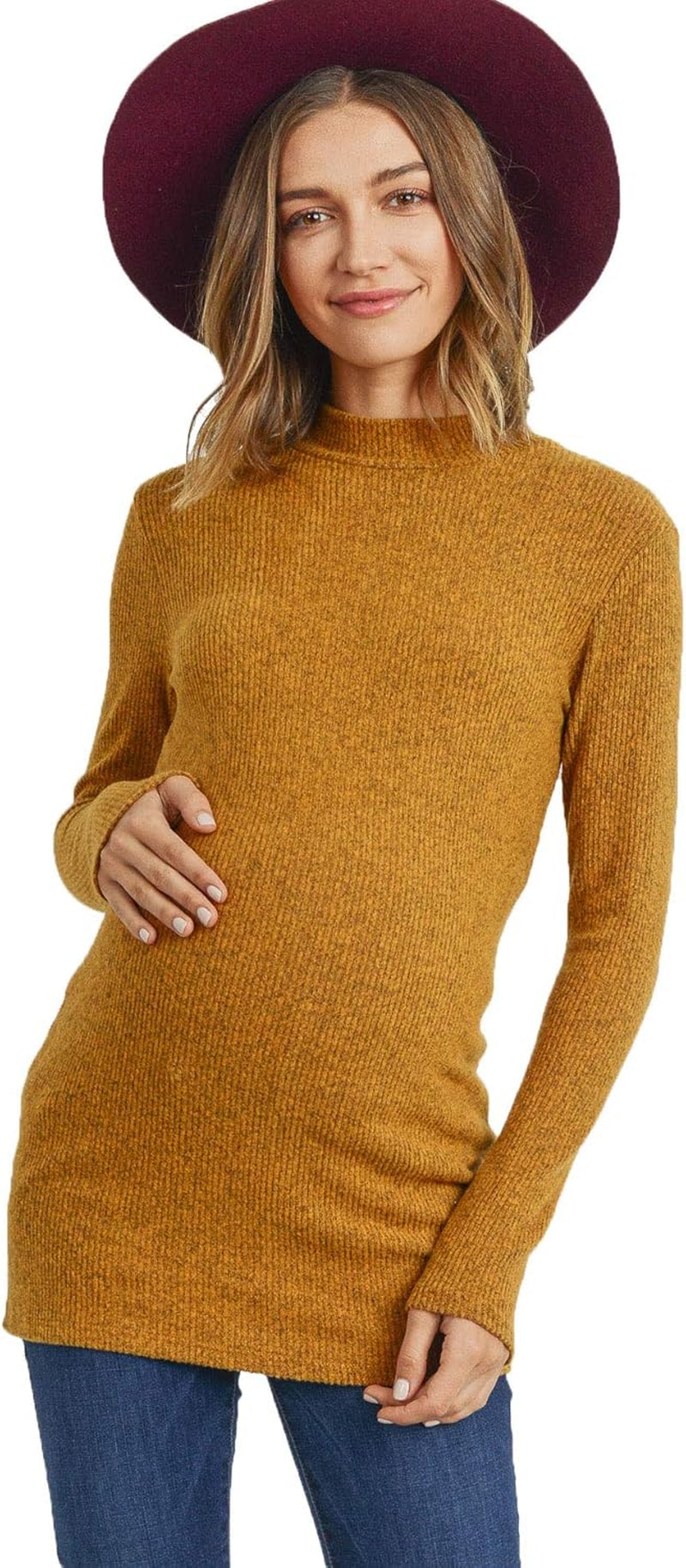 Women'S Knit Ribbed Maternity Top with Mock Neck Long Sleeve