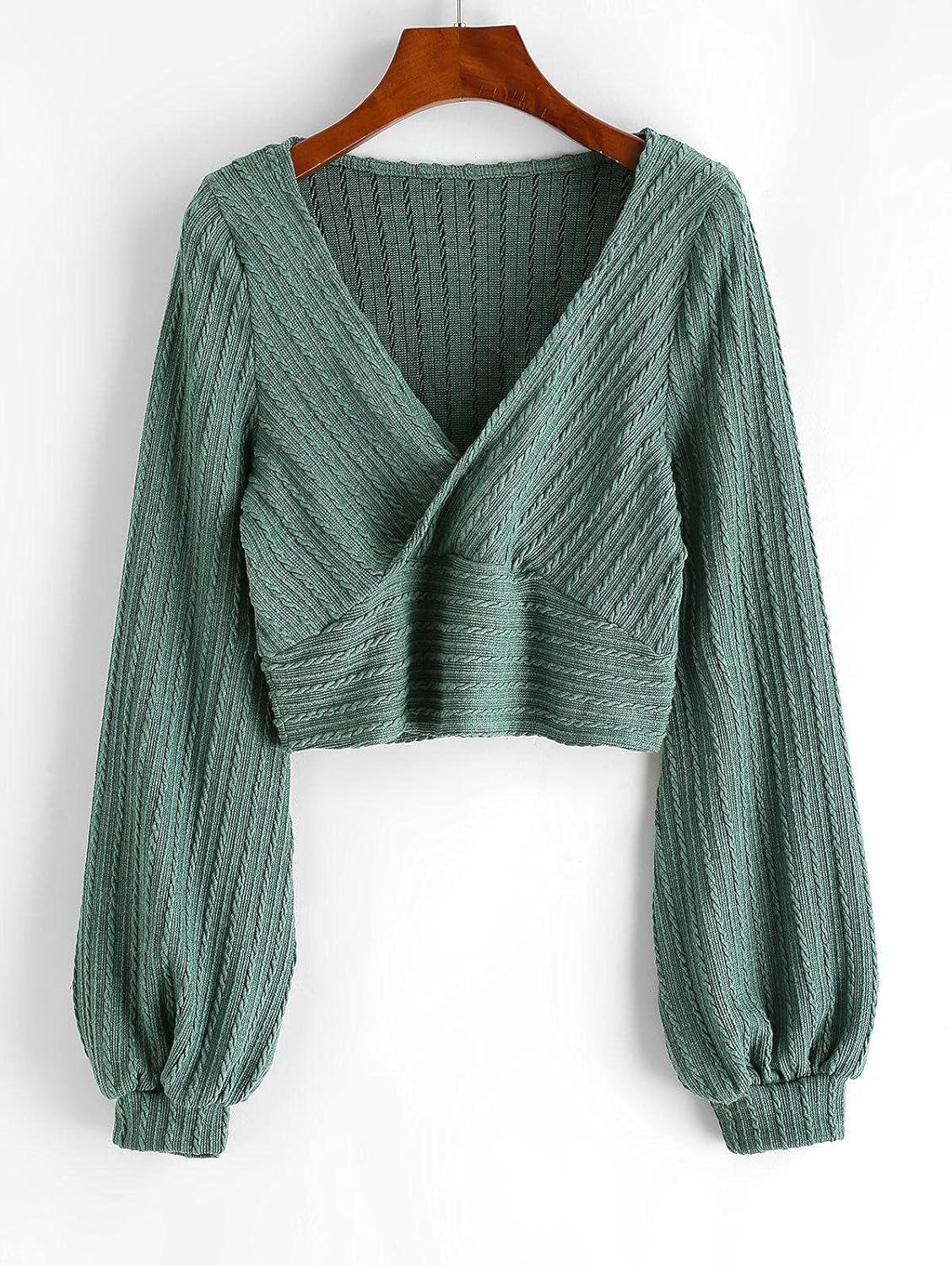 ZAFUL Women'S Pullover Ribbed Cropped Knitwear Drawstring Ruched Knitted Crop Top Solid V-Neck Long Sleeve T-Shirt