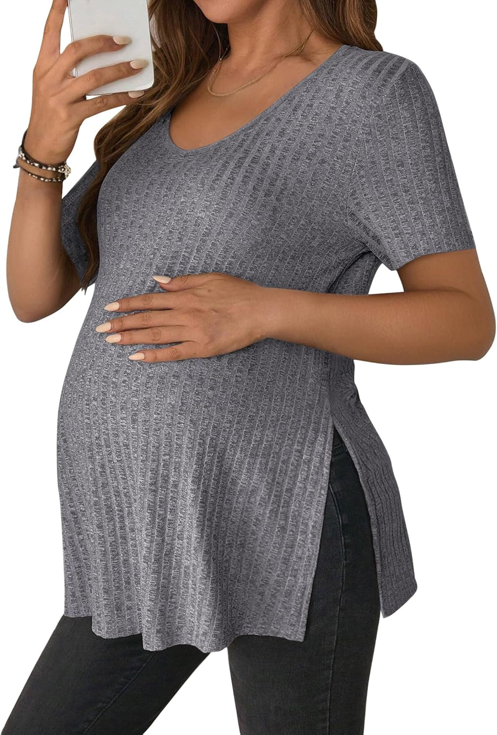 Jinigolla Women'S Maternity T Shirt Ribbed Knit Pregnancy Tops Side Split Casual Maternity Blouse