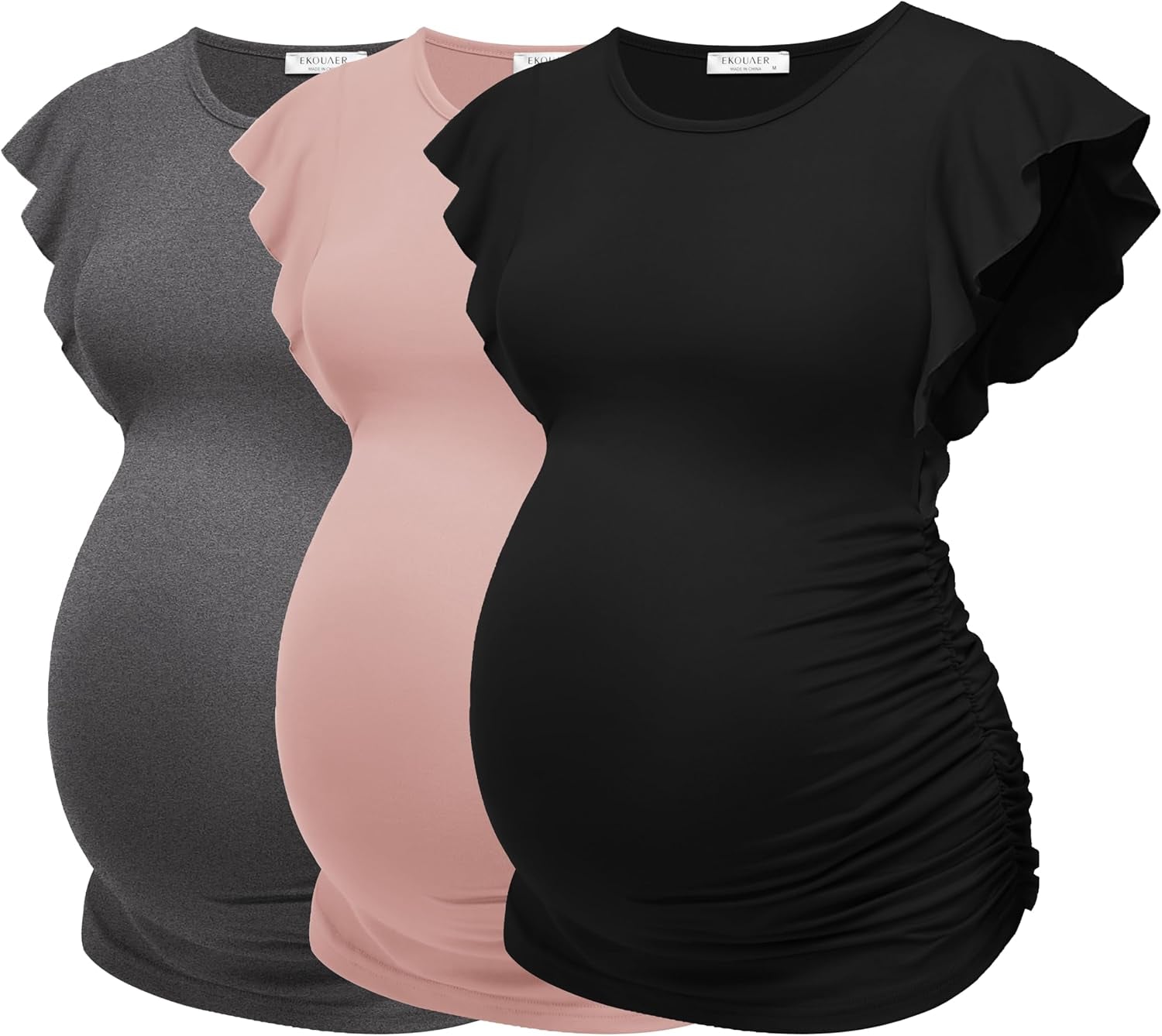 Ekouaer Women'S Maternity Shirts 3 Packs Flying Short Sleeve Pregnancy Tops Side Ruched Tunic Blouse Mama Clothes S-XXL