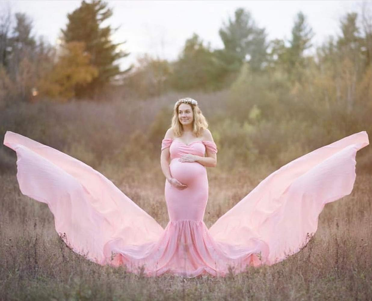 ZIUMUDY Maternity Chiffon Mermaid Gown off Shoulder Dropped Sleeve Fitted Photo Shoot Photography Dress