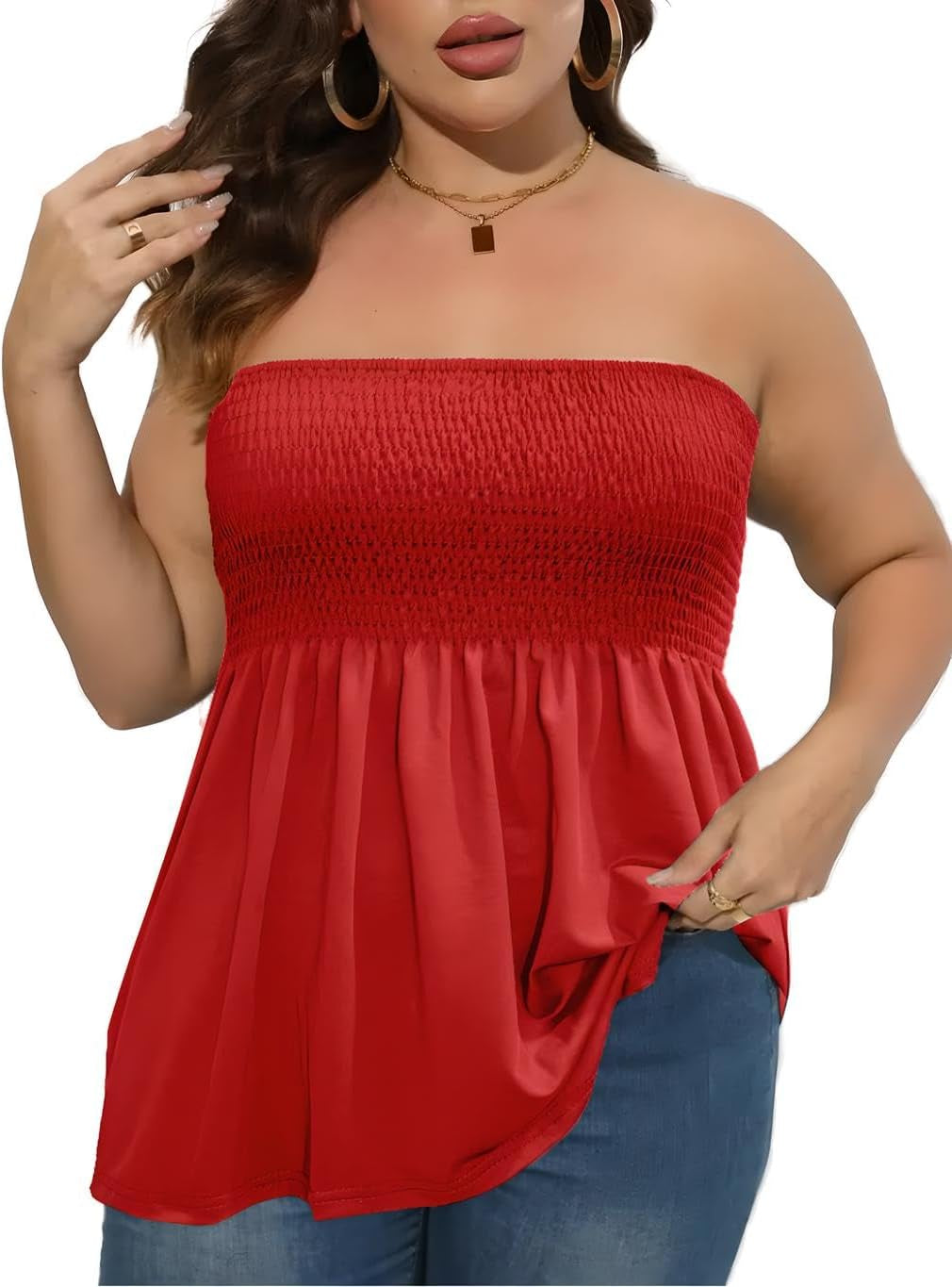 Comeon Women'S plus Size Tube Tops Strapless Blouse Pleated Sleeveless Stretchy Sleeveless Flare Hem Tube