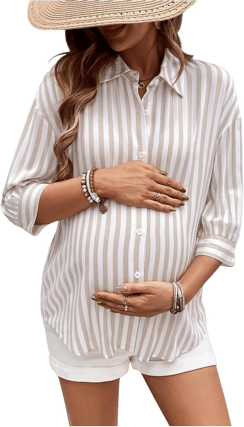 Makemechic Women'S Maternity Shirts Blouses Striped Button down 3/4 Sleeve Pregnancy Nursing Top