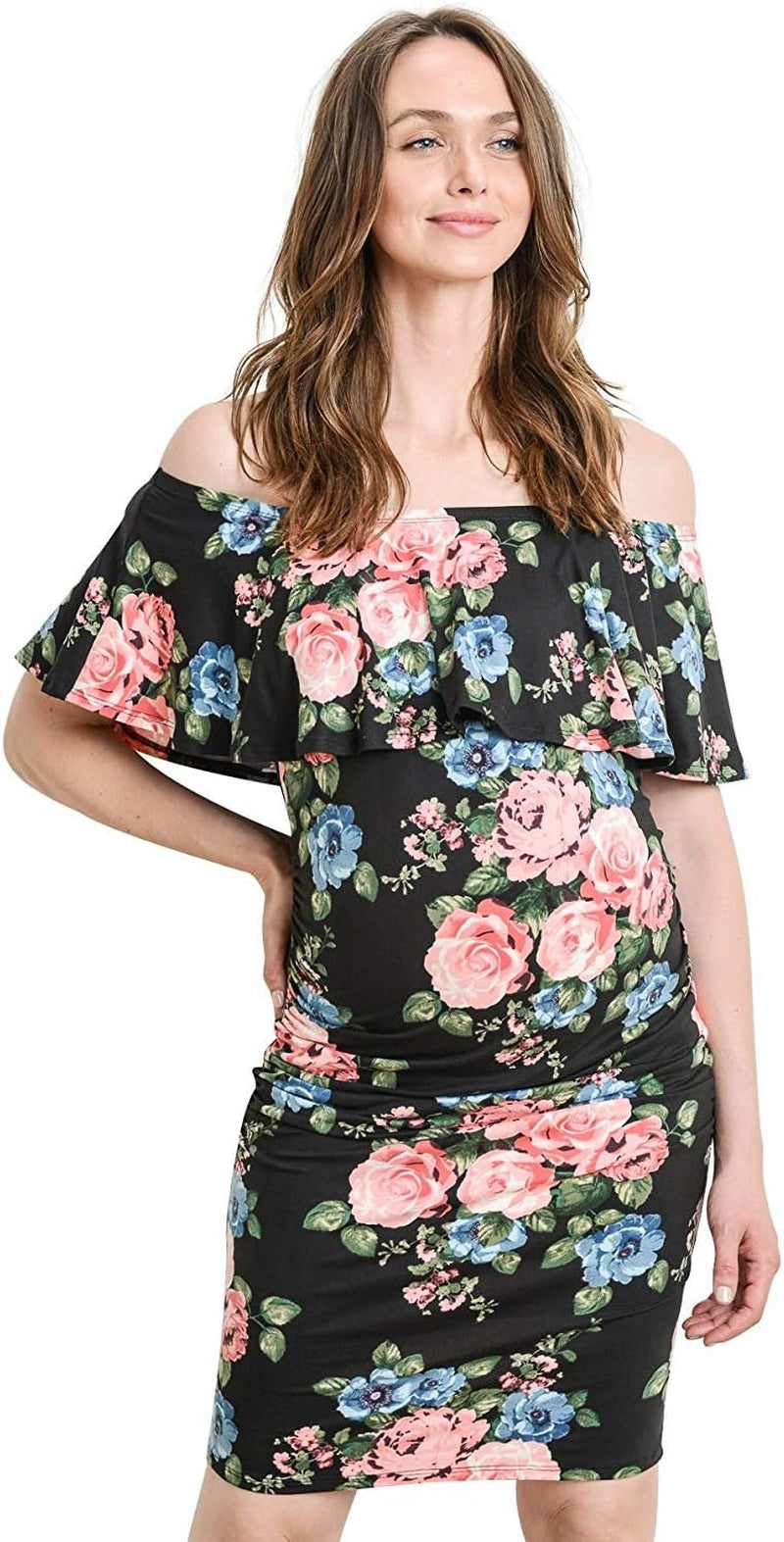 Hello MIZ Women'S Floral Ruffle off Shoulder Maternity Dress - Made in USA
