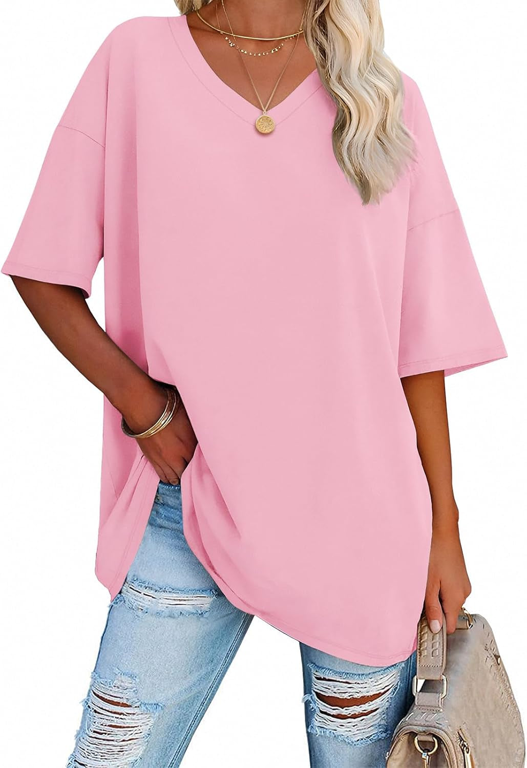 ATHMILE Womens Summer Oversized Shirts V Neck Business Casual Workout Tops Beach Vacation 2025 Gym Clothes
