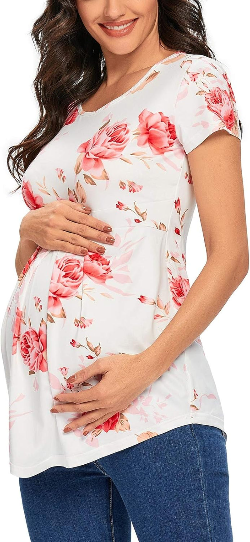 Glampunch Women'S Maternity Tops Short & 3/4 Sleeve round Neck Front Pleat Peplum Tunic Top Pregnancy Shirts