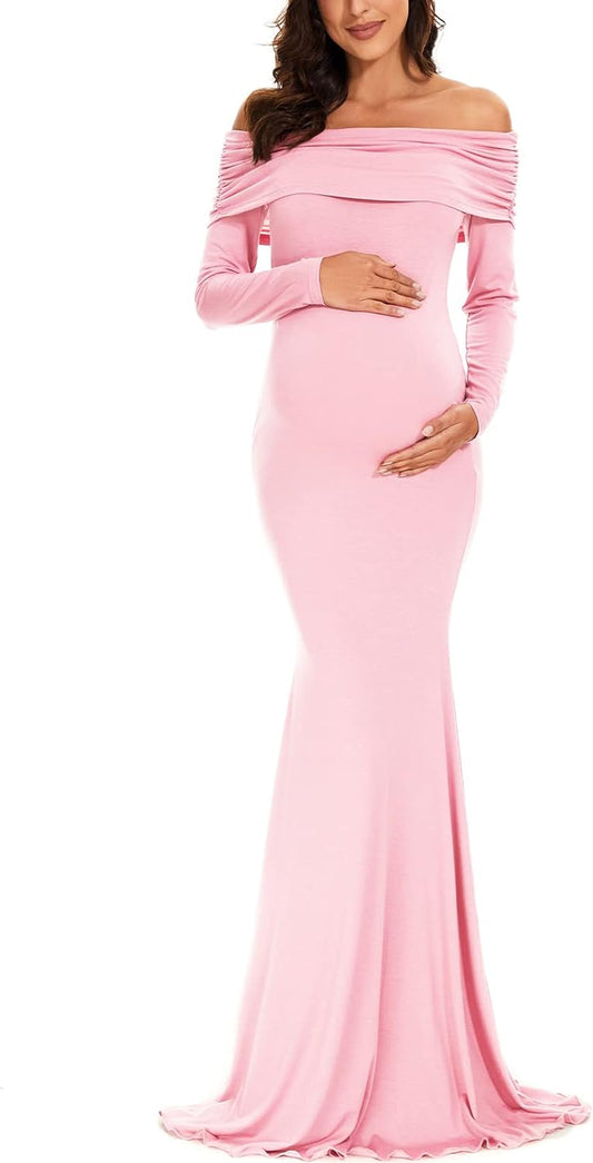 Glampunch off Shoulders Maternity Dress Long Sleeve Ruched Maternity Gown Baby Shower Photography Pregnant Dress