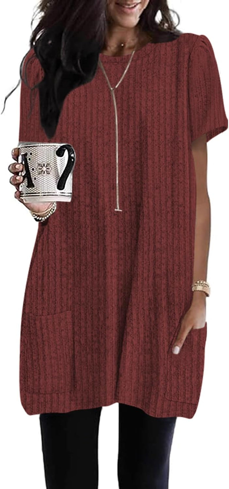 Naggoo Summer Womens Tunic Tops for Leggings with Pockets Loose Fit Short Sleeve Casual Long T Shirts