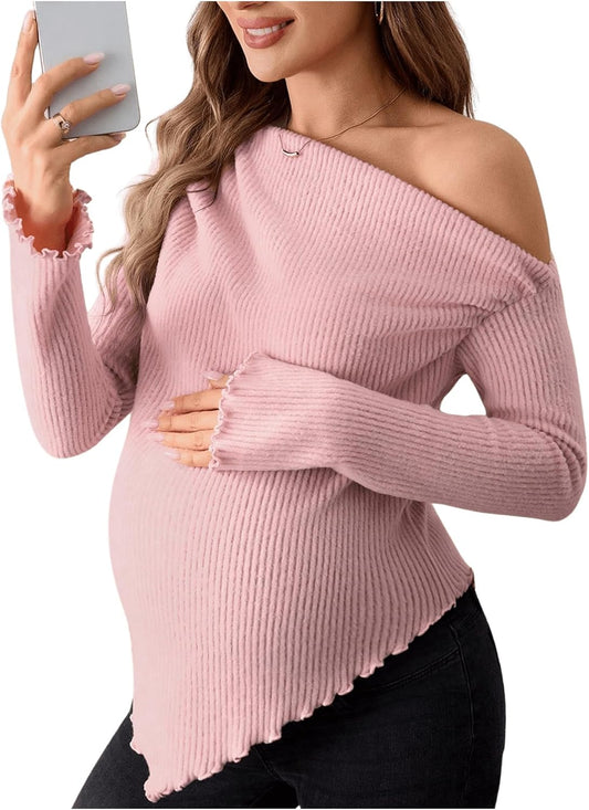 Makemechic Women'S Maternity Tops One Shoulder Ruched Asymmetrical Lettuce Trim Pregnancy Rib Knit Tee Shirt