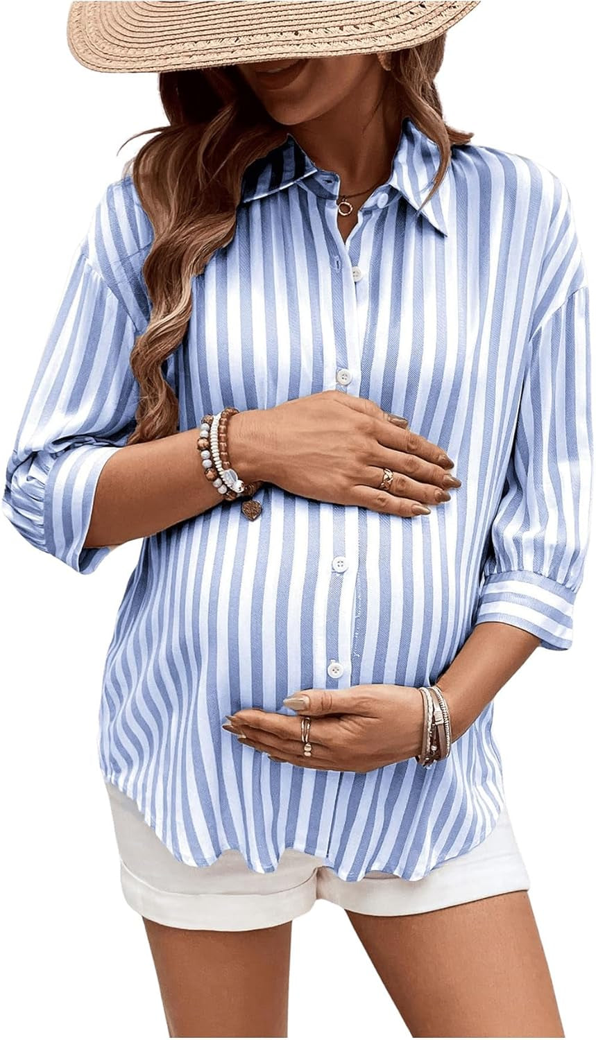Makemechic Women'S Maternity Shirts Blouses Striped Button down 3/4 Sleeve Pregnancy Nursing Top