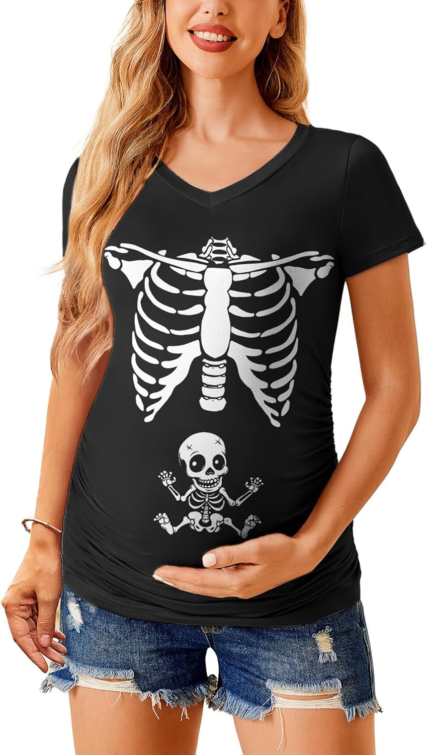 Ekouaer Maternity Shirts V Neck Short Sleeve Side Ruched Tops Tunic Casual Pregnancy Clothes S-XXL