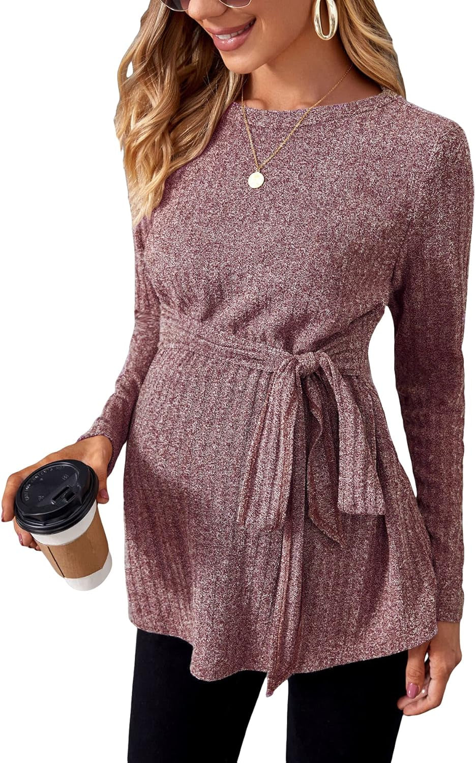 Makemechic Women'S Maternity Shirts Casual Long Sleeve Tie Front Ribbed Knit Pregnancy Tee Top