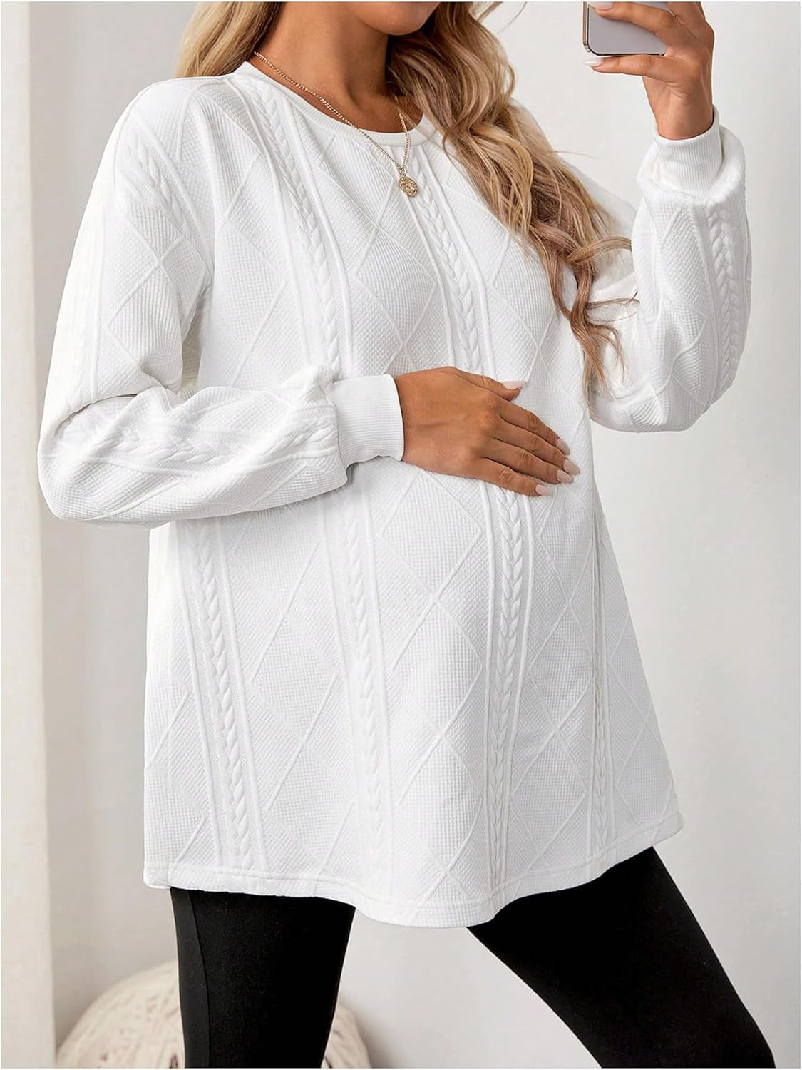 Makemechic Women'S Maternity Sweatshirt round Neck Long Sleeve Split Hem Pregnancy Pullover Tops