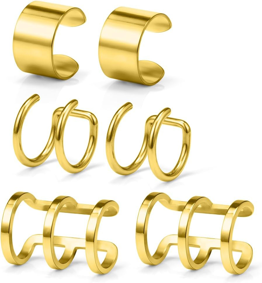 Ruifan Stainless Steel Ear Cuff Non Piercing Fake Clip-On Cartilage Earring Set Women Men 6Pcs