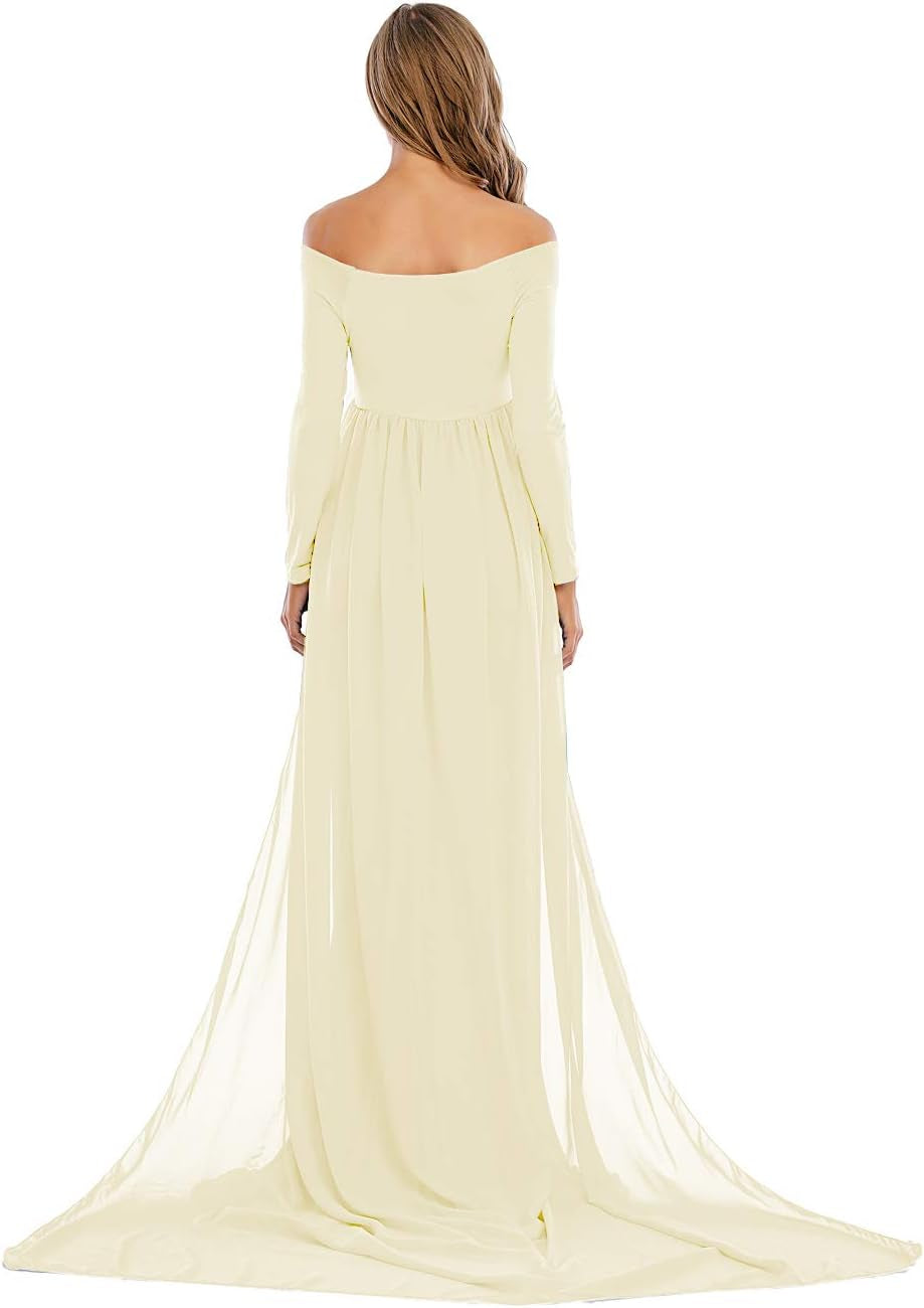 ZIUMUDY Maternity off Shoulder Long Sleeve Fitted Gown Maxi Chiffon Dress for Photo Shoot Baby Shower