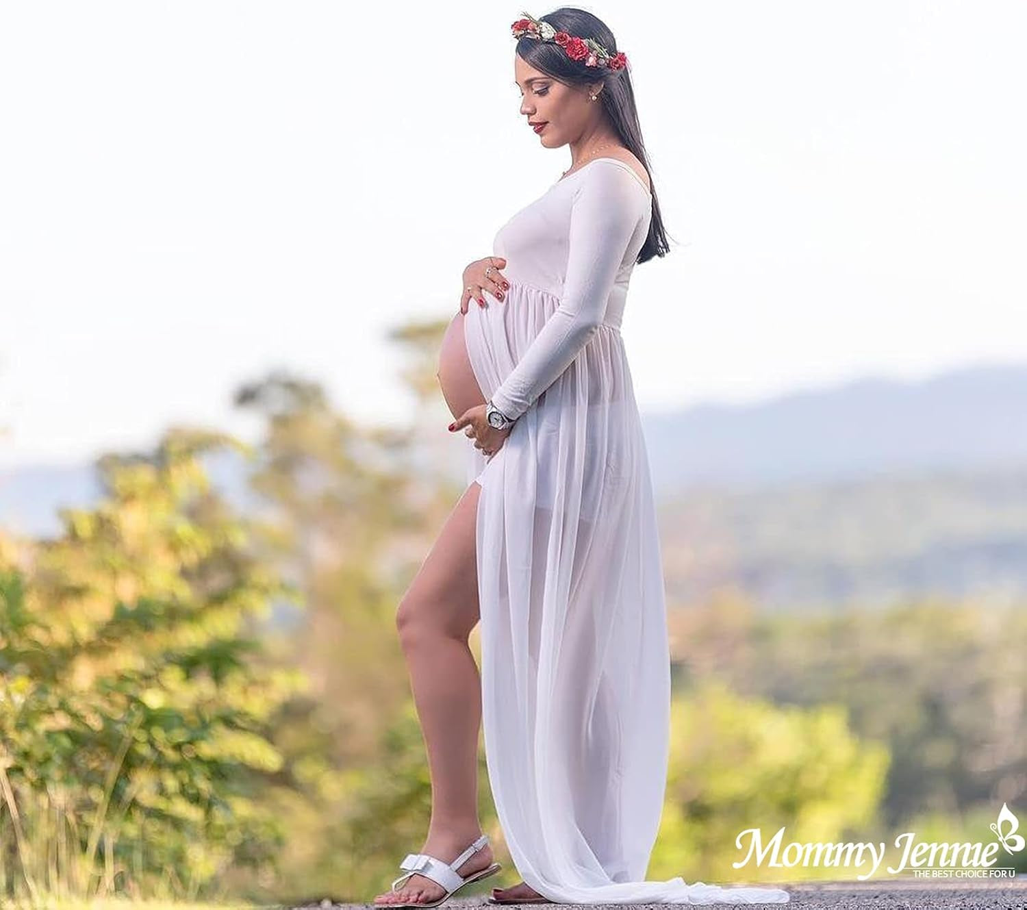 Mommy Jennie Maternity Dress off Shoulder Long Sleeve Split Front Chiffon Gown for Photoshoot