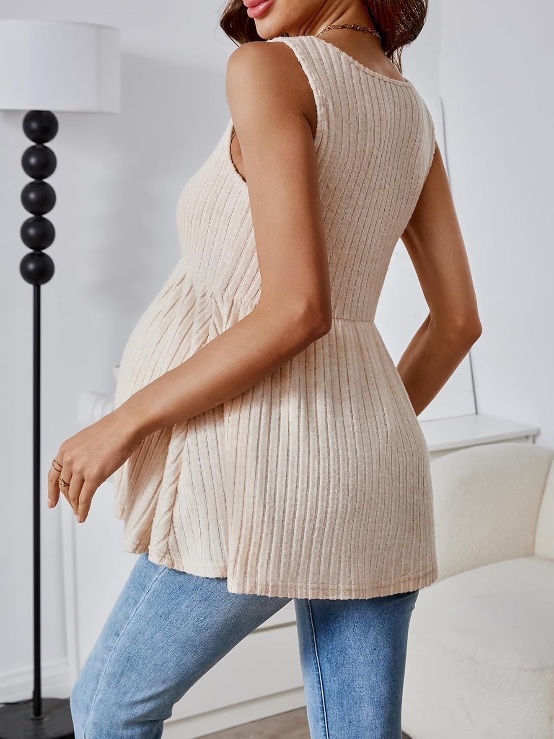 Makemechic Women'S Maternity Tank Tops Summer Rib Knitted Flared Hem Sleeveless Buttoned Pregnancy Shirt Tops