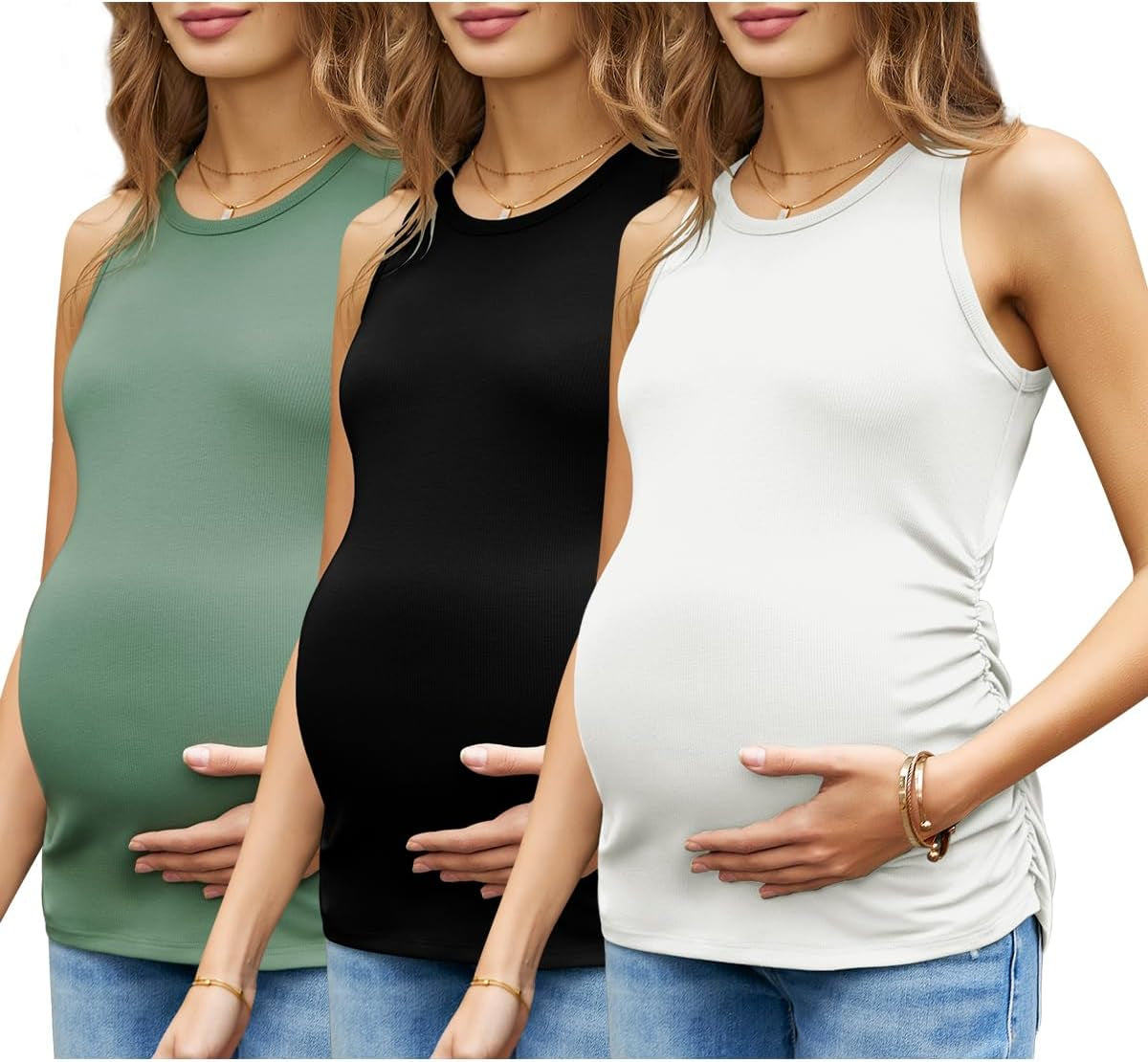 Women'S Maternity Tank Tops Summer Sleeveless Crew Neck Ribbed Knit Slim Fitted Blouse Side Ruched Pregnancy Shirts