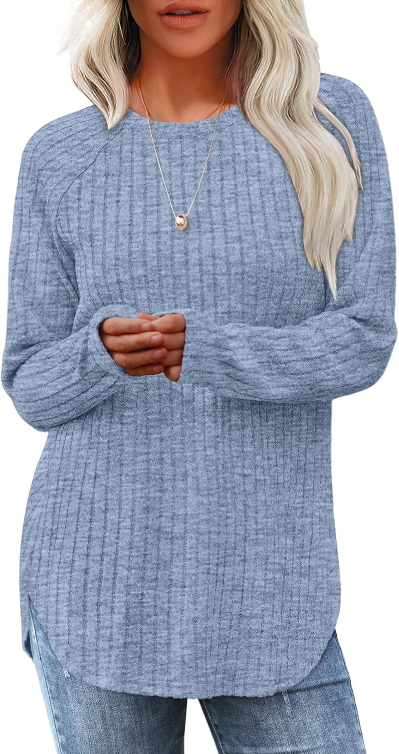 Saloogoe Long Sleeve Shirts for Women Tunic Tops for Women Loose Fit Dressy Crew Neck Pullover Basic Sweaters for Women 2024