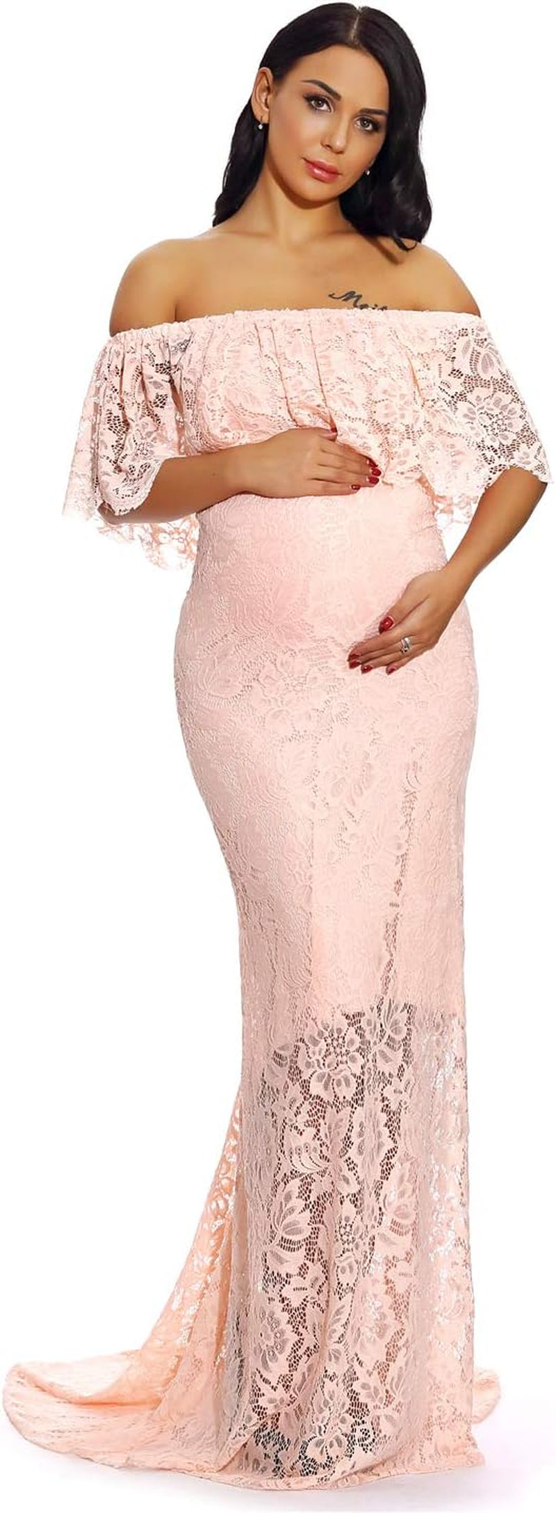 ZIUMUDY Women'S off Shoulder Ruffles Lace Maternity Gown Maxi Photography Baby Shower Dress