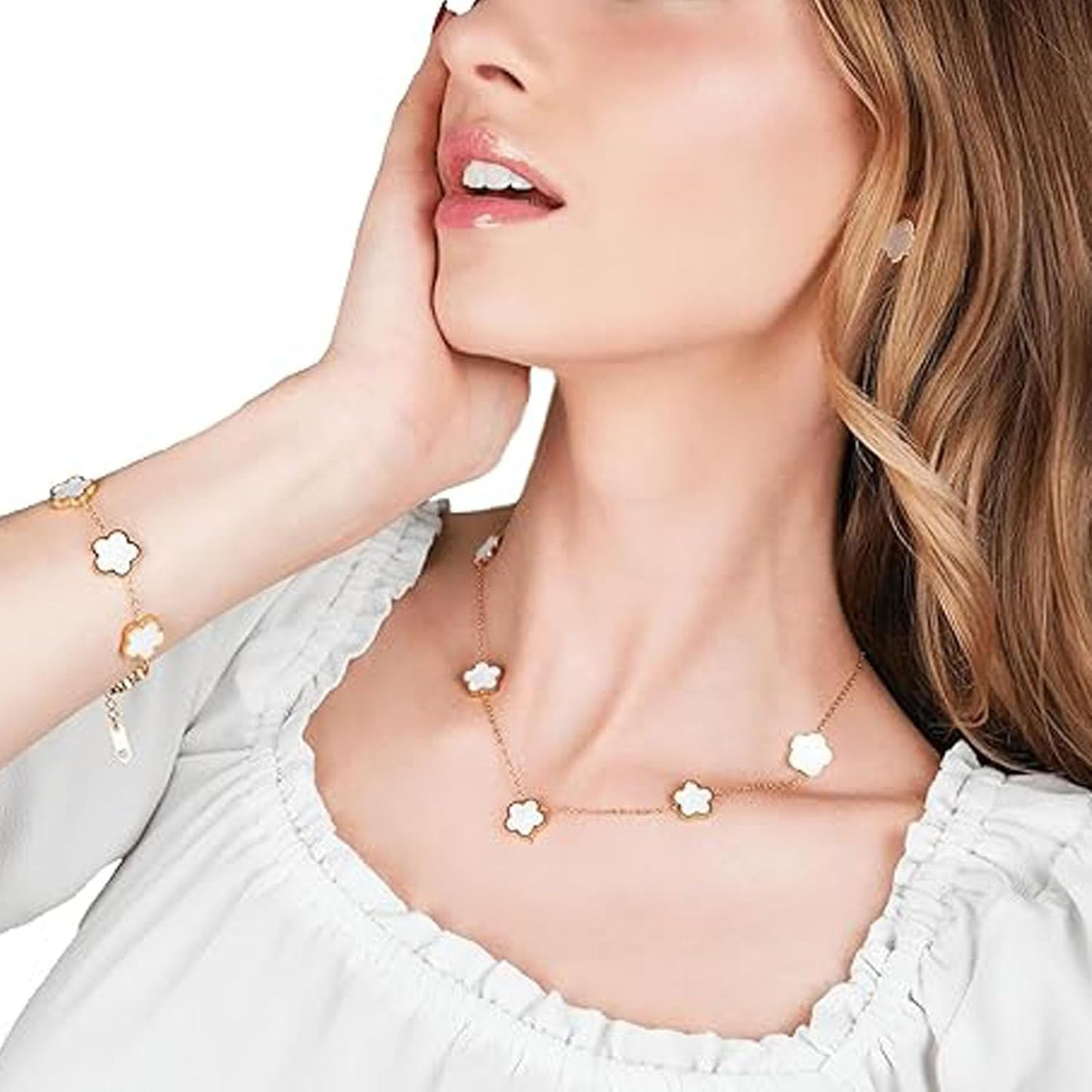 Lucky Five Leaf Clover Sets,18K Gold Plated Bracelet Necklace Earrings,Five Leaf Clover Necklace Pendant Earring Bracelet Set ,Jewelry Gifts for Women