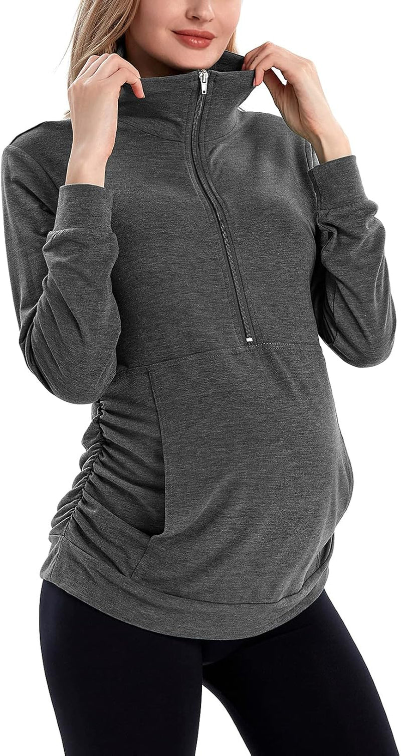 GINKANA Maternity Women'S Long Sleeve Shirt Half Zipper Lapel Lightweight Casual Maternity Pullover with Pockets