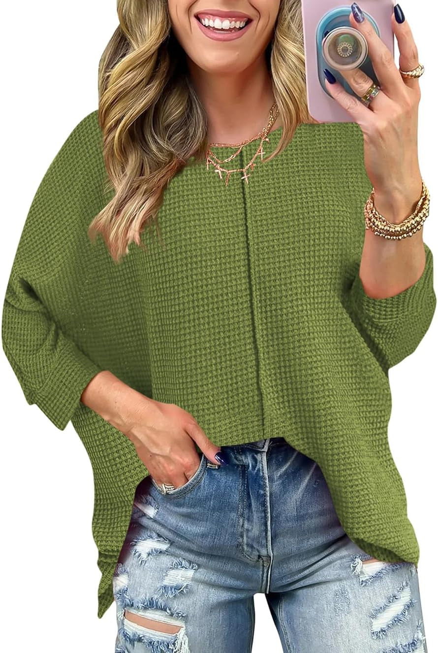 Poetsky Womens 2025 Spring 3/4 Sleeve Crewneck Waffle Knit Shirt Loose Casual Side Split Tunic Tops