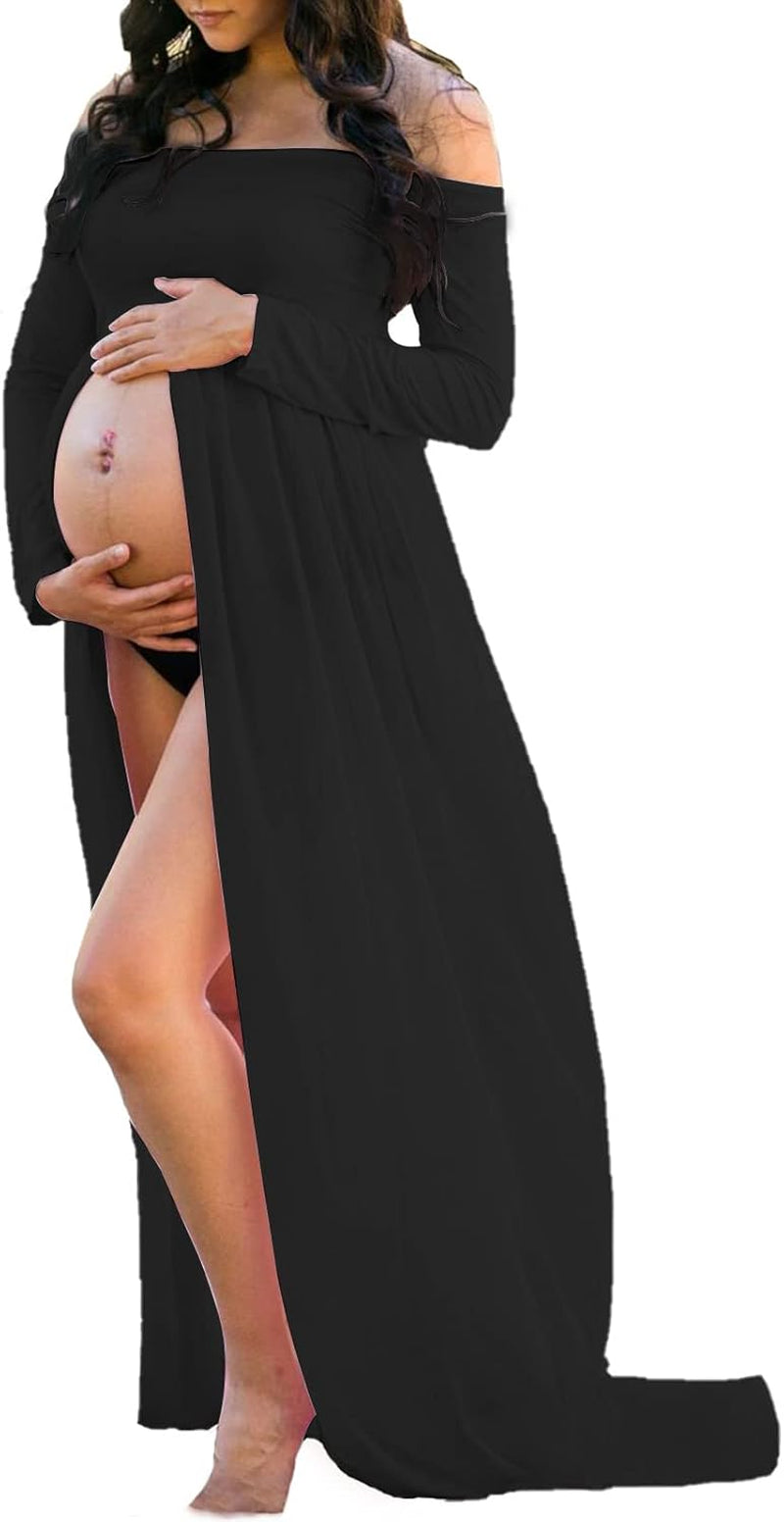 Mommy Jennie Maternity Dress off Shoulder Long Sleeve Split Front Chiffon Gown for Photoshoot