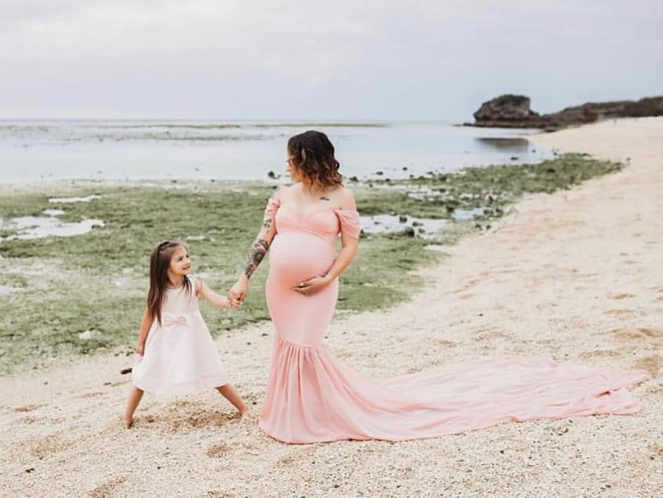 ZIUMUDY Maternity Chiffon Mermaid Gown off Shoulder Dropped Sleeve Fitted Photo Shoot Photography Dress