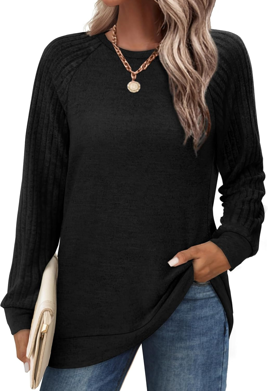 Saloogoe Tunic Sweatshirts for Women Crewneck Lightweight Sweaters Raglan Long Sleeve Shirts Fall Fashion Tops 2024