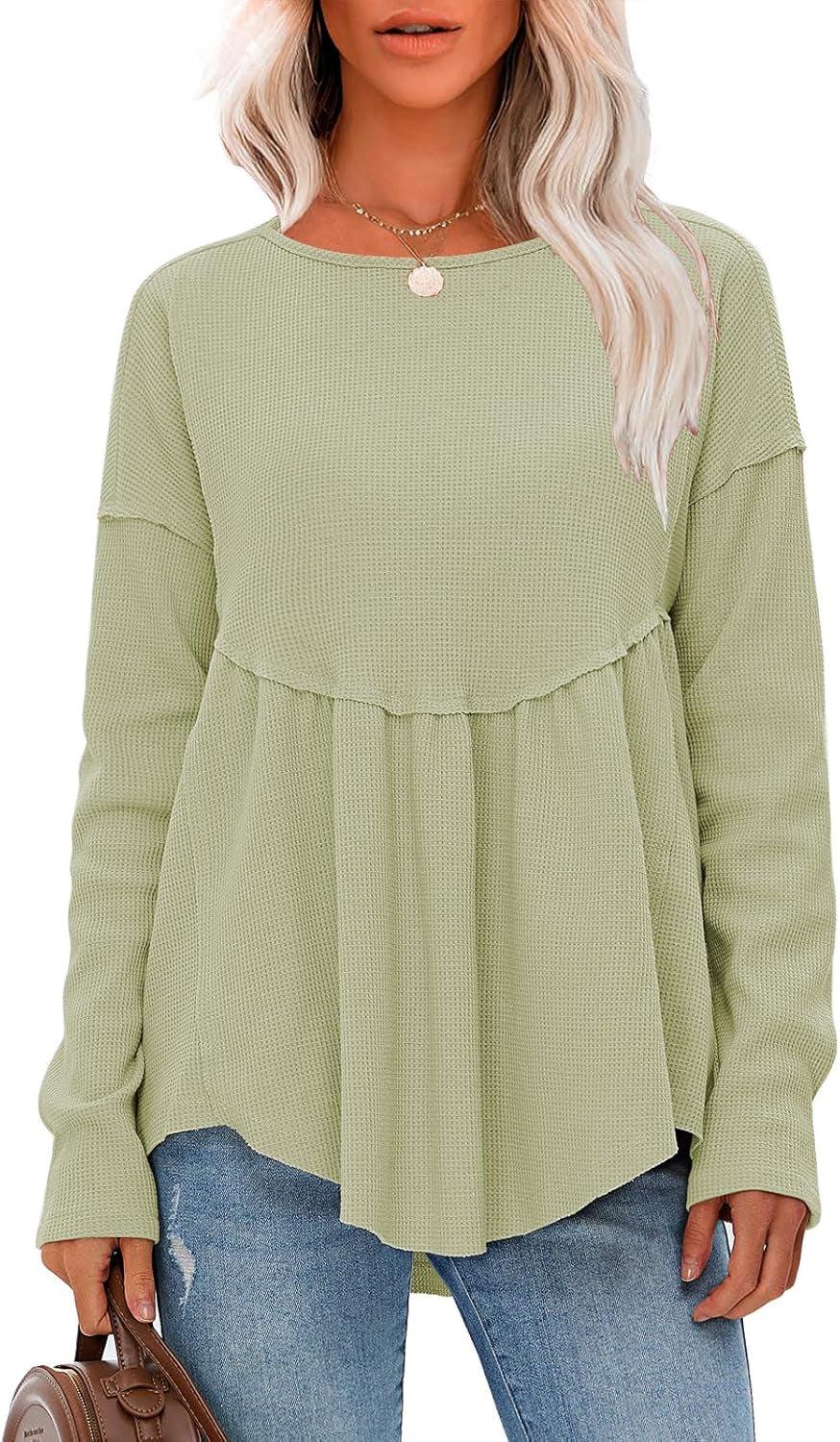 EXLURA Waffle Knit Long Sleeve Shirts for Womens Crewneck Loose Babydoll Tunic Tops Maternity Tops Fall Fashion 2025 Clothes