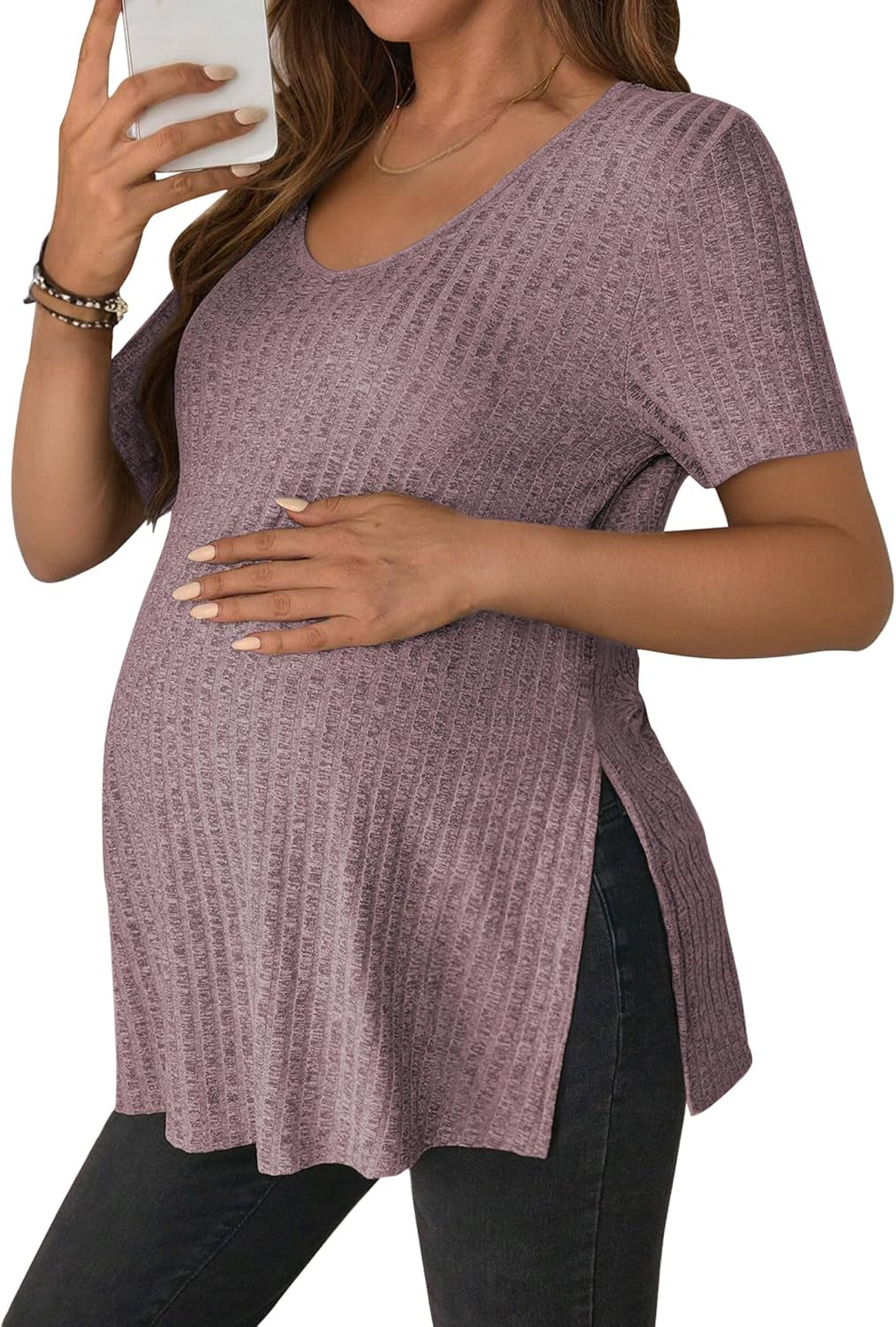 Jinigolla Women'S Maternity T Shirt Ribbed Knit Pregnancy Tops Side Split Casual Maternity Blouse