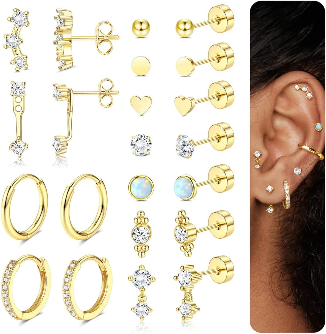 LOYALLOOK Hypoallergenic Flat Back Earrings for Women Trendy 20G Surgical Stainless Steel Earrings 14K Gold Plated Cartilage Earring Stacks Small Flatback Stud Earring Sets for Multiple Piercing