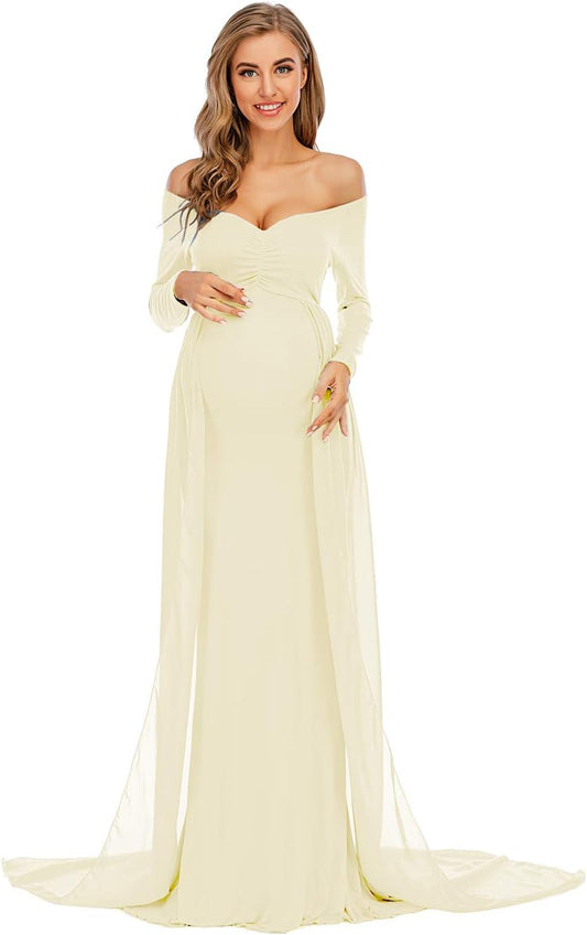 ZIUMUDY Maternity off Shoulder Long Sleeve Fitted Gown Maxi Chiffon Dress for Photo Shoot Baby Shower