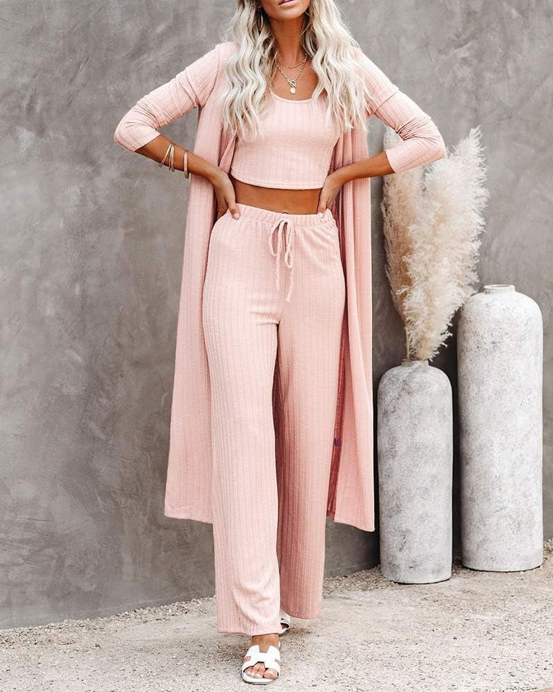 Fessceruna Womens 3 Piece Lounge Sets Pajamas Knit Long Sleeve Cardigan Crop Top Wide Leg Pants Loungewear Set