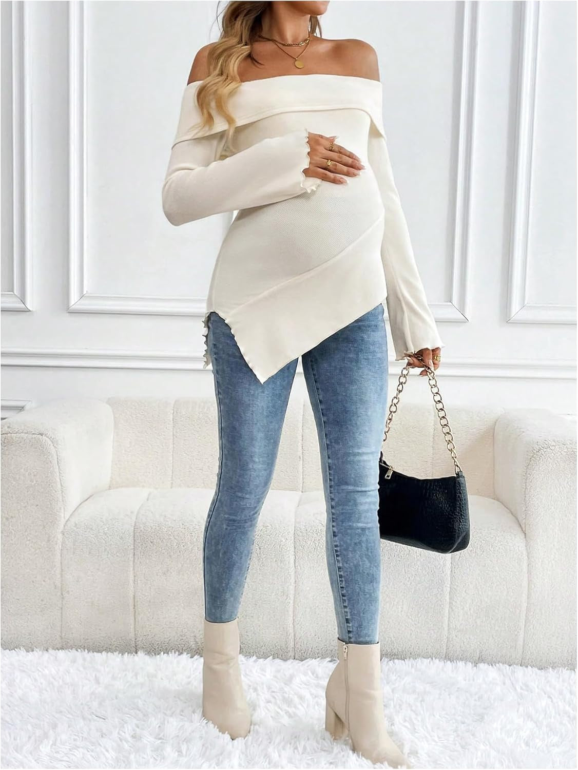 Makemechic Women'S Maternity Tops off Shoulder Lettuce Trim Flounce Sleeve Pregnancy Shirt