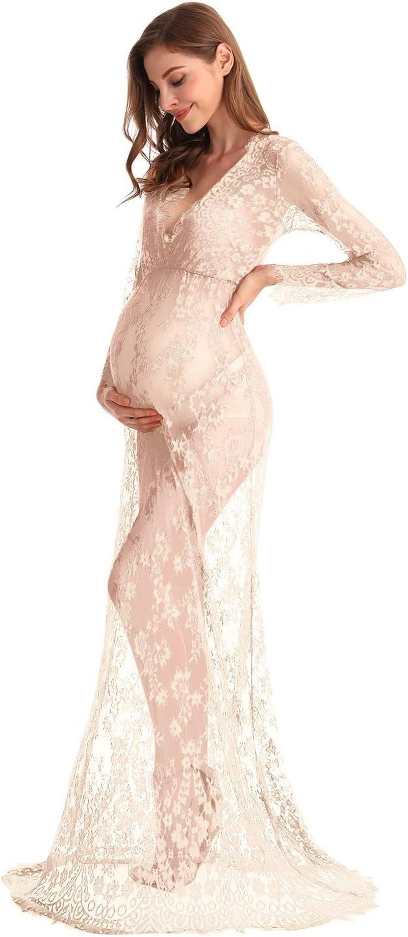MYRISAM Boudoir Maternity Long Sleeve Lace Dress Women Deep V-Neck Wedding Party Long Dress Milk Bath Photoshoot Gown