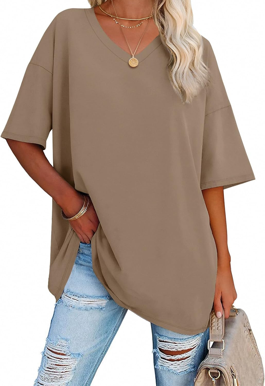 ATHMILE Womens Summer Oversized Shirts V Neck Business Casual Workout Tops Beach Vacation 2025 Gym Clothes