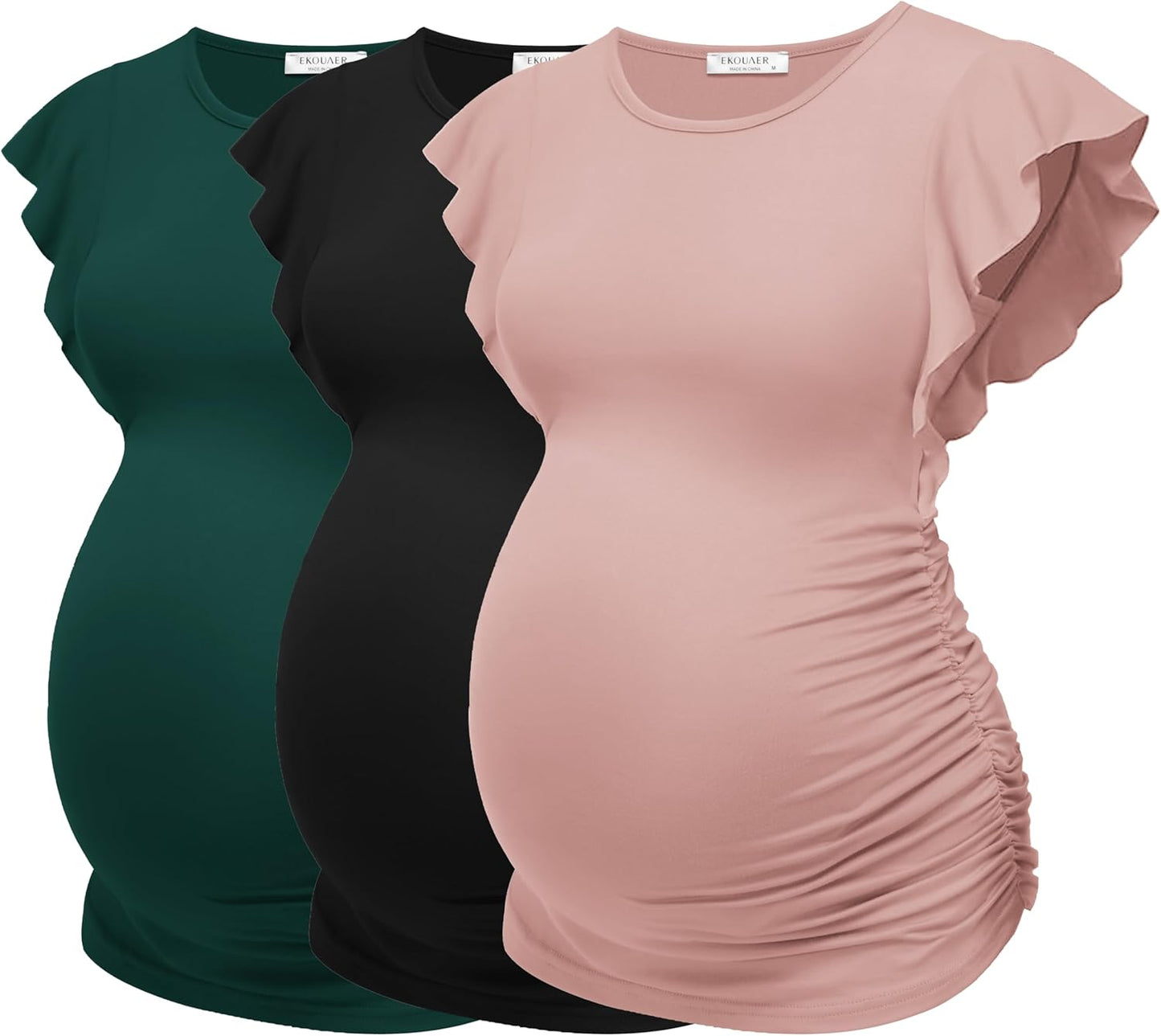 Ekouaer Women'S Maternity Shirts 3 Packs Flying Short Sleeve Pregnancy Tops Side Ruched Tunic Blouse Mama Clothes S-XXL