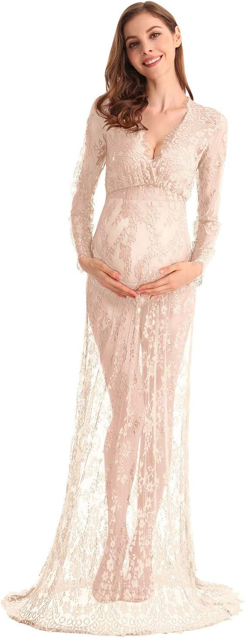 MYRISAM Boudoir Maternity Long Sleeve Lace Dress Women Deep V-Neck Wedding Party Long Dress Milk Bath Photoshoot Gown