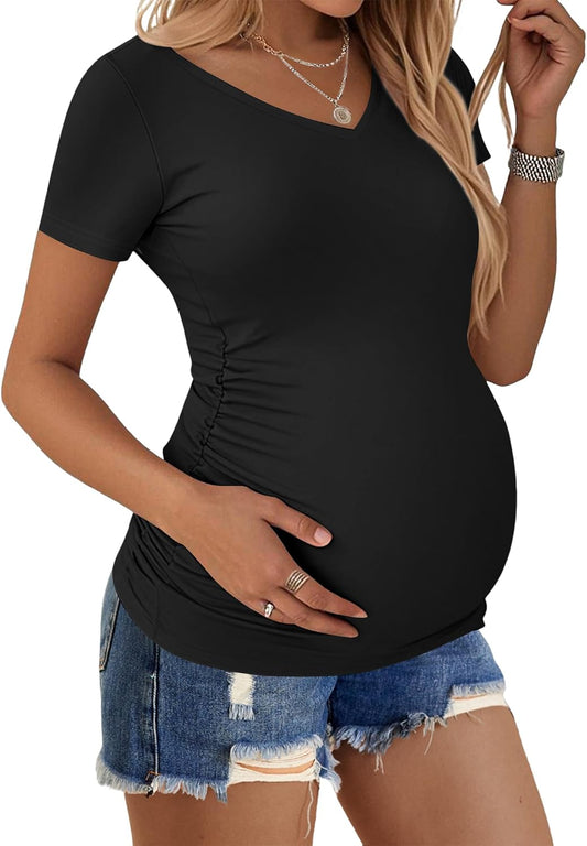 Ekouaer Maternity Shirts V Neck Short Sleeve Side Ruched Tops Tunic Casual Pregnancy Clothes S-XXL