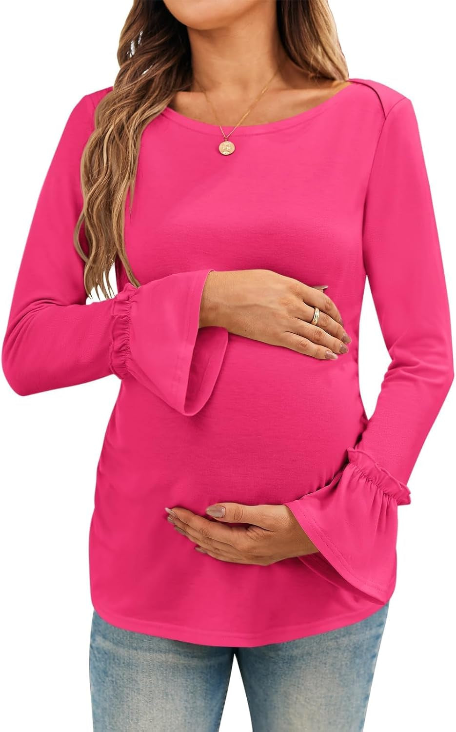 Women'S Maternity Shirts Bell Sleeve Pregnancy Tops Casual Boat Neck Maternity Clothes