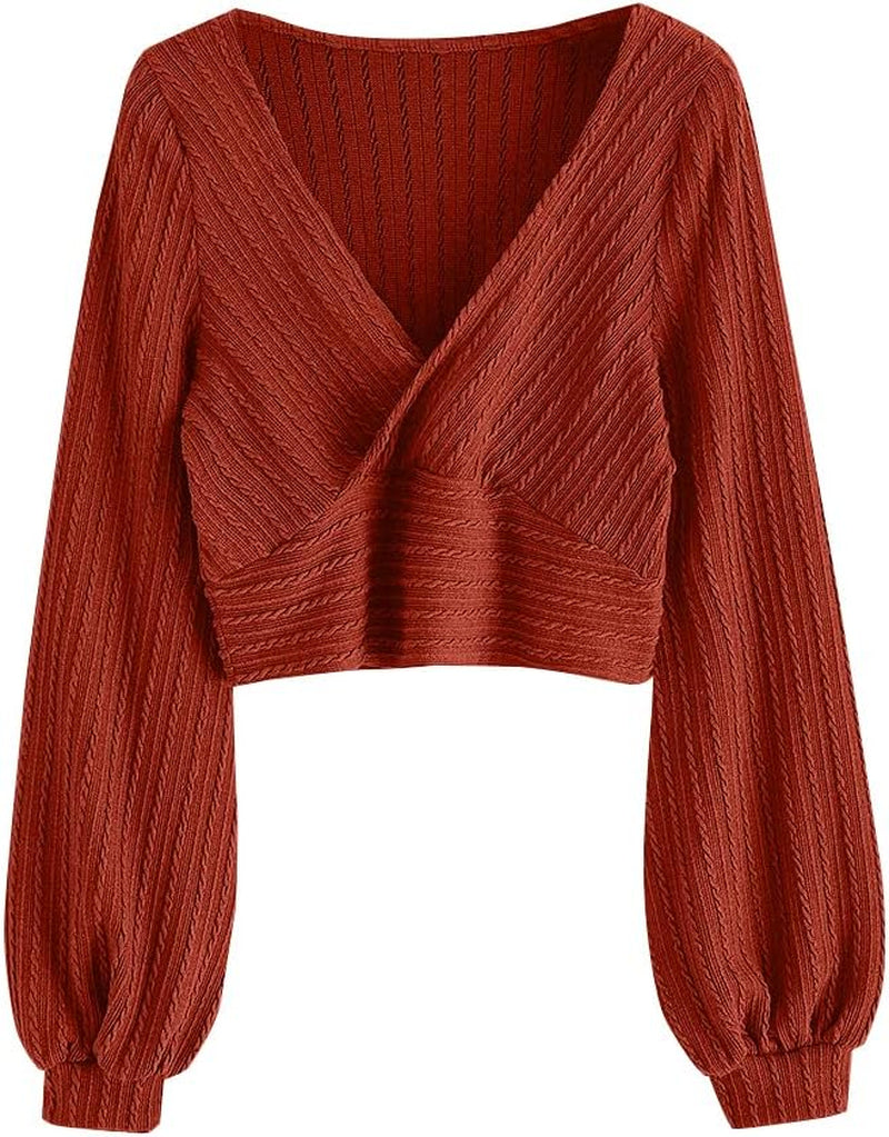 ZAFUL Women'S Pullover Ribbed Cropped Knitwear Drawstring Ruched Knitted Crop Top Solid V-Neck Long Sleeve T-Shirt