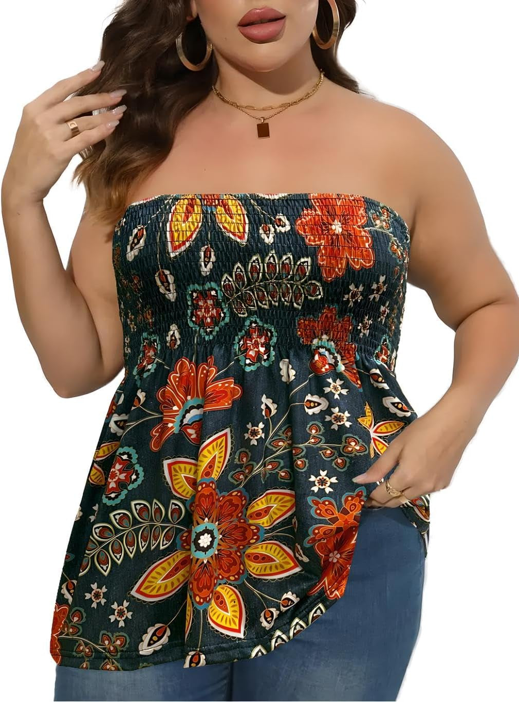 Comeon Women'S plus Size Tube Tops Strapless Blouse Pleated Sleeveless Stretchy Sleeveless Flare Hem Tube