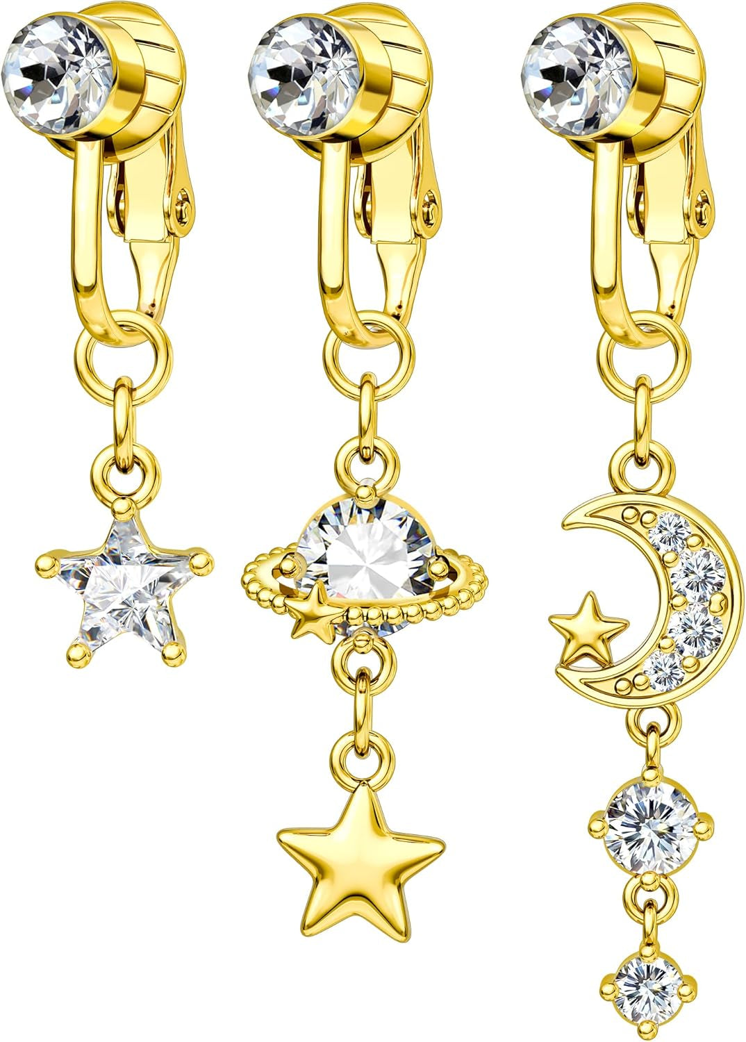 COCHARM 3PCS Fake Belly Button Rings Clip on Belly Navel Rings for Women Men Stainless Steel Belly Button Piercing Silver/Gold